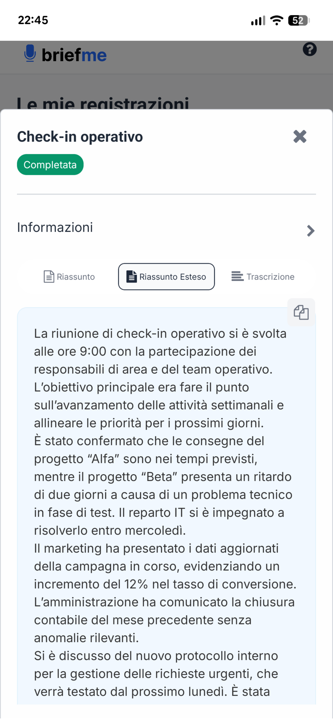 Dettaglio registrazione con trascrizione e riassunto