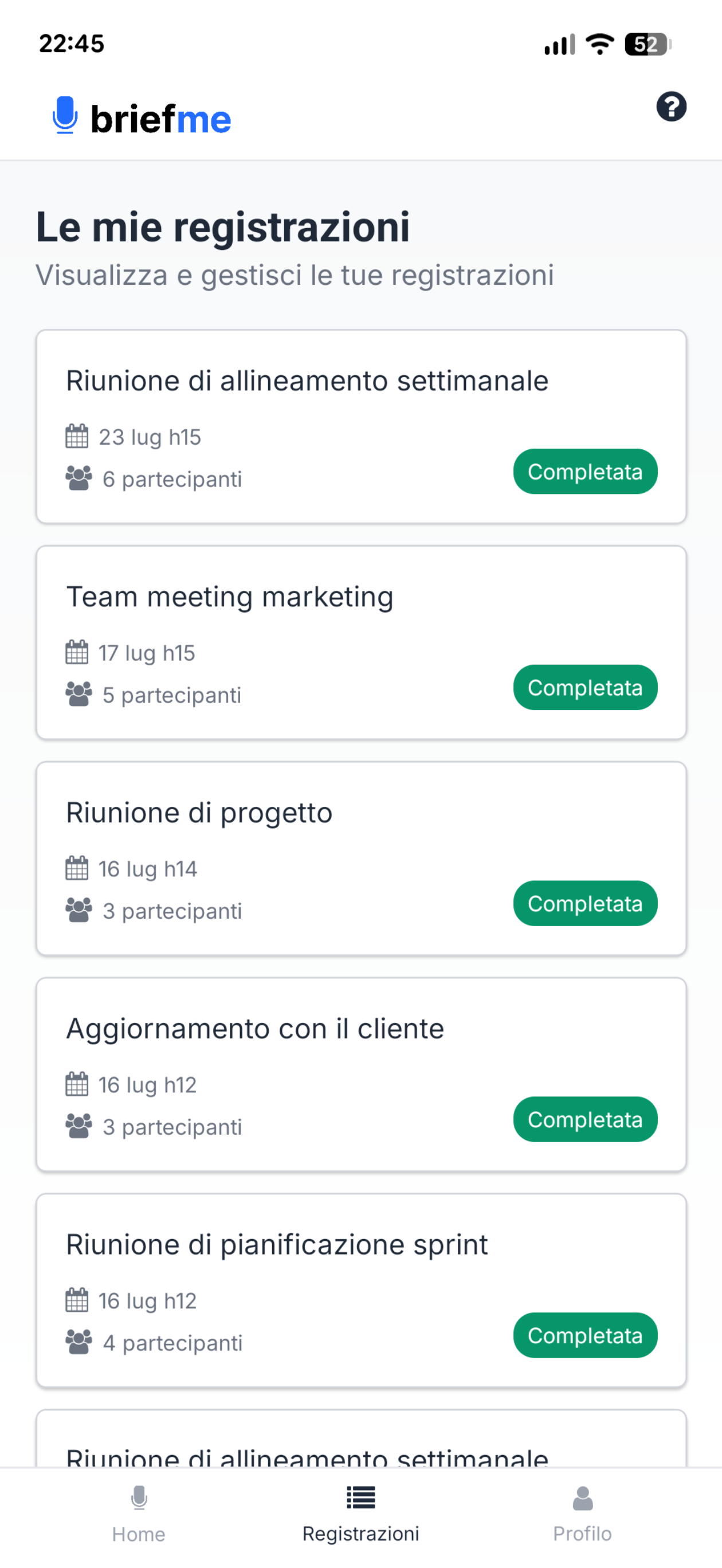 Lista delle registrazioni in BriefMe